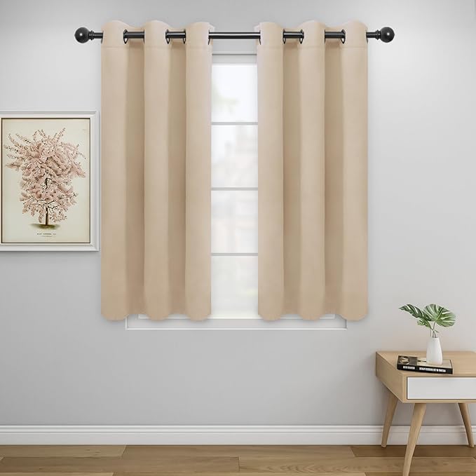 Easy-Going Blackout Curtains for Bedroom, Solid Thermal Insulated Grommet and Noise Reduction Window Drapes, Room Darkening Curtains for Living Room, 2 Panels (34x45 in, Beige)