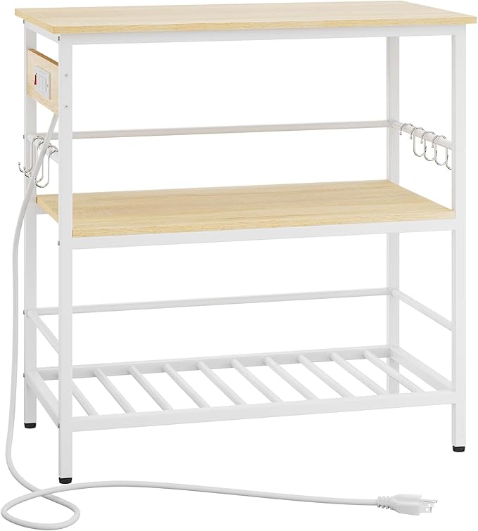 IBUYKE Kitchen Island with Storage, Bakers Rack with Power Outlet,Microwave Stand with Large Worktop,Rolling Bar Cart for Home, Outdoor, Kitchen,Light Wood TMJ029R