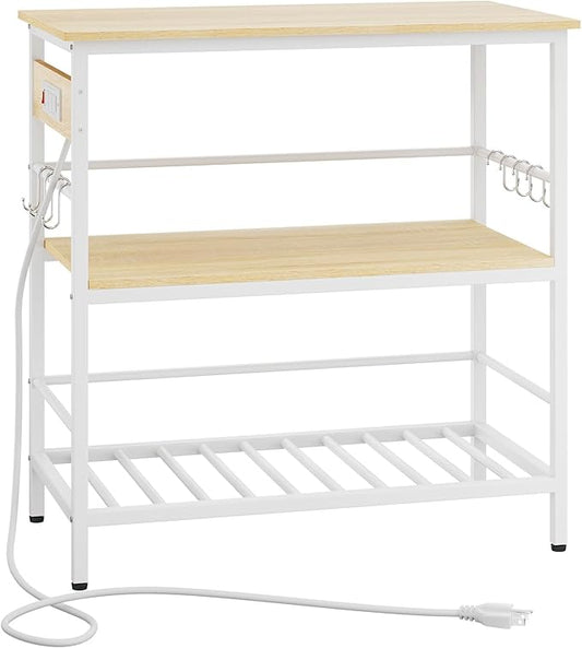 IBUYKE Kitchen Island with Storage, Bakers Rack with Power Outlet,Microwave Stand with Large Worktop,Rolling Bar Cart for Home, Outdoor, Kitchen,Light Wood TMJ029R