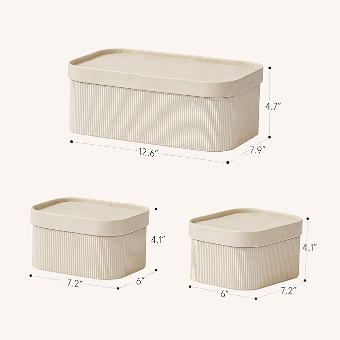 La Jolie Maison Fluted Cardboard Storage Baskets with Leather-Like Lids, Sturdy Stackable Paper Boxes Decorative Tray,Set of 3 Ivory