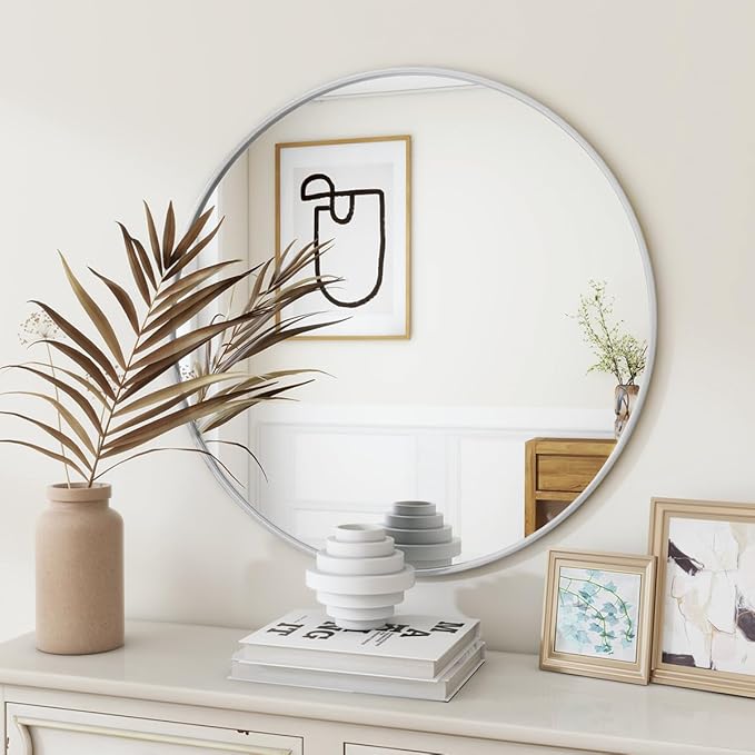 BEAUTYPEAK 30 Inch Round Mirror, Metal Frame Circle Mirror, Wall Mounted for Entryway, Bathroom, Vanity, Living Room, White