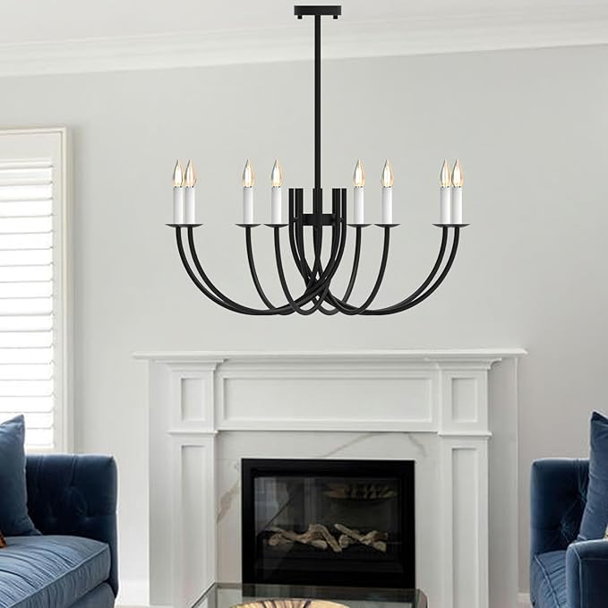 Large Black Chandeliers Light Fixture, Modern Candle Pendant Lighting, Round LED Hanging Lamp Ceiling for Bedroom Living Room Dining Room Kitchen Island Farmhouse (Black-C 8Lights)
