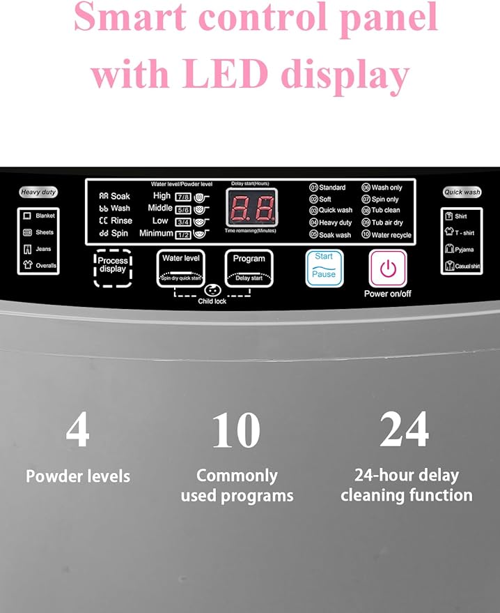 Full Automatic Washing Machine with LED Display, 25 lbs Portable Washer Drain Pump, 10 Programs & 8 Water Levels Selections, Ideal for RV, Camping, Apartment, Dorm, Dark Grey