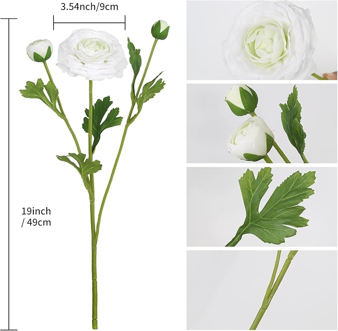 IPOPU 4PCS Real Touch White Ranunculus Artificial Flowers Faux Ranunculus Flowers for Vase Real Look Silk Peonies Fake Peony Flowers for Home Indoor Wedding Centerpieces for Table Decorations (White)
