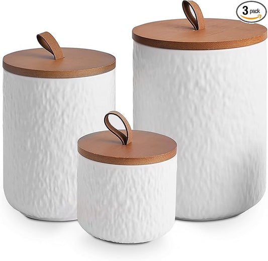 JOJUNO White Ceramic Canister Set with Wooden Lid, 3-Piece Airtight Food Storage Jars for Kitchen Counter - Flour, Sugar, Coffee, Tea, Spice - Small, Medium, Large Sizes - Stone Texture