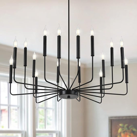 Modern Black Farmhouse Chandeliers, 16-Light Industrial Metal Chandelier Lighting, Classic Candle Hanging Pendant Light Fixtures for Kitchen Island, Living Room, Dining Room, Stair