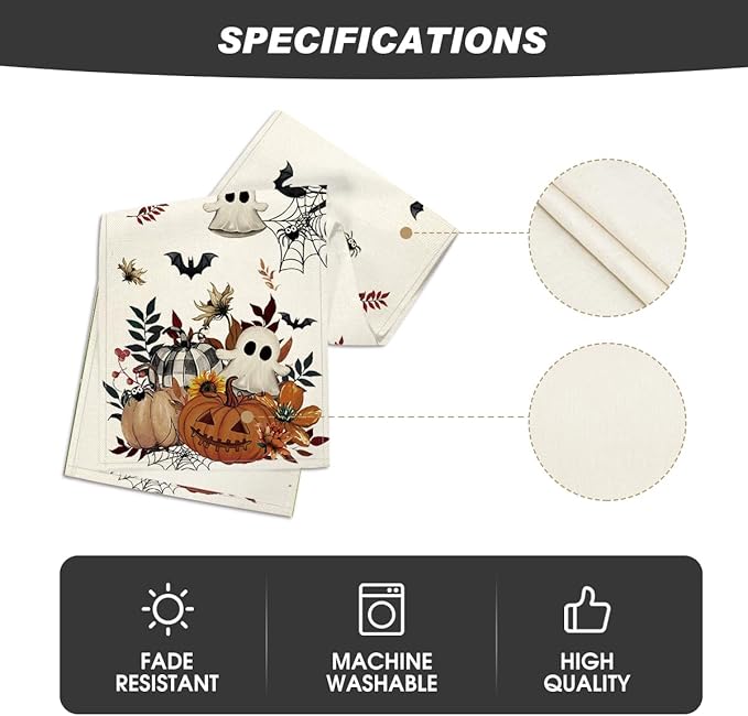 Artoid Mode Pumpkin Ghost Leaves Spider Web 210 GSM Halloween Table Runner, Spooky Kitchen Dining Table Decoration for Home Party Decor 13x90 Inch