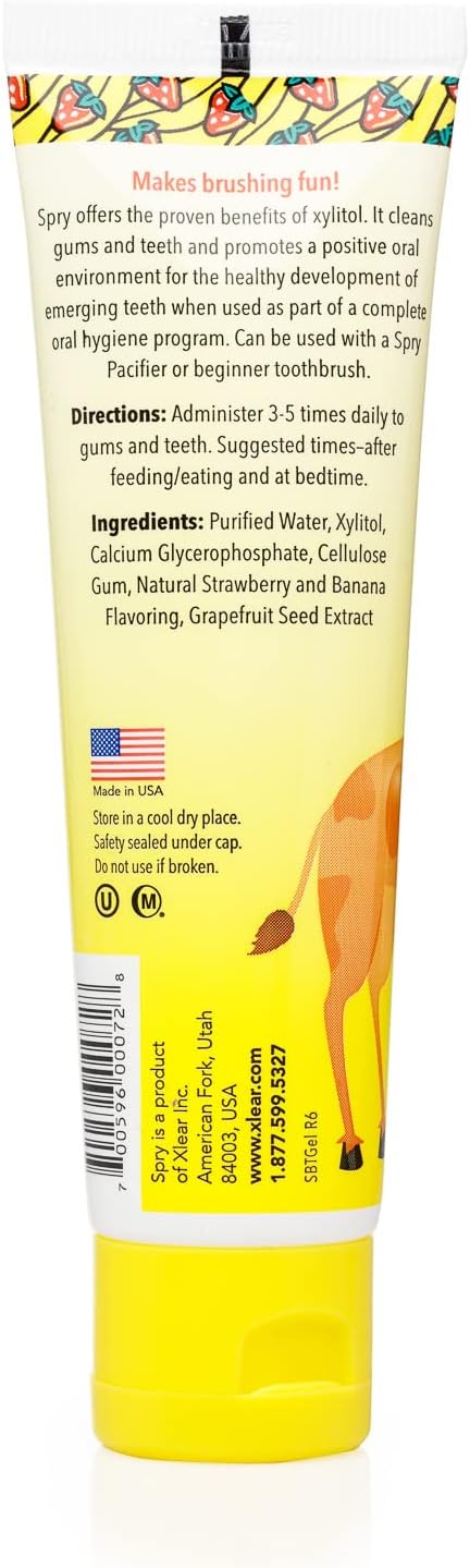 Spry Natural Xylitol Toothpaste for Baby, Toddler and Kids Age 3 Months and Up - Fluoride Free Tooth Gel, Tasty, Support Development of Emerging Teeth, Strawberry Banana 2 Fl Oz (Pack of 4)