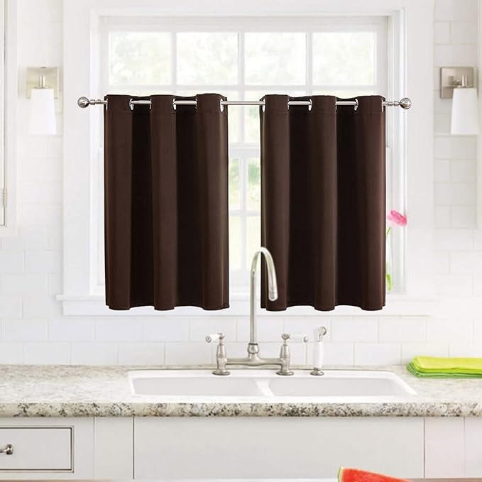 ChrisDowa Small Window Curtains for Kitchen and Bedroom - Grommet Short Thermal Insulated Room Darkening Curtains (2 Panels, Brown, 52 x 36 Inch)