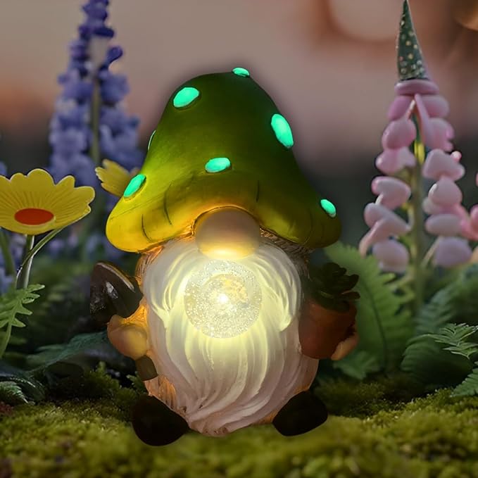 Solar Mushroom Gnomes Garden Statues Outdoor Decor with Night Glow,Cute Fairy Garden Statues for Yard,Pathway,Lawn Art Ornamen,Spring,Easter,Birthday Christmas Women Mom Gift Idea