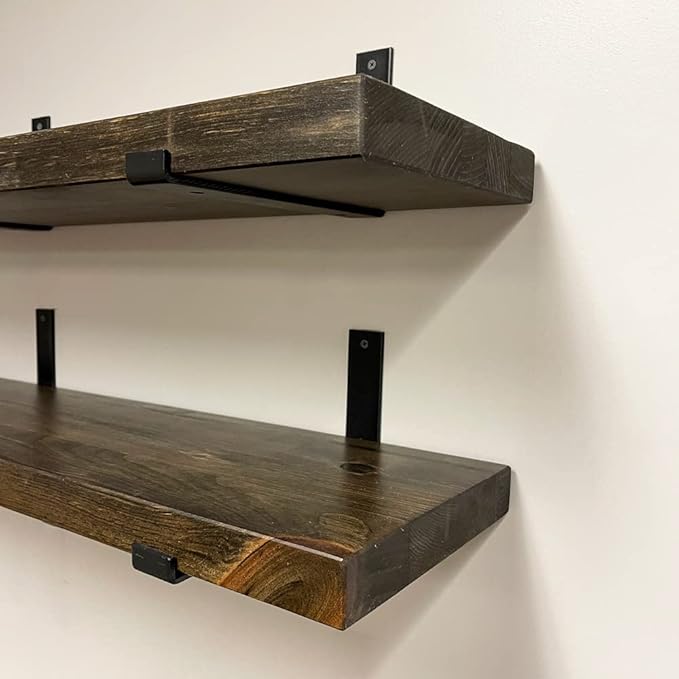 Rustic Shelves with J-Brackets Set of 2, Industrial Shelf, Kitchen Shelves, Solid Wood, Decorative Wall Storage, Heavy Duty, URBANDI (Dark Brown, 24Wx10D)