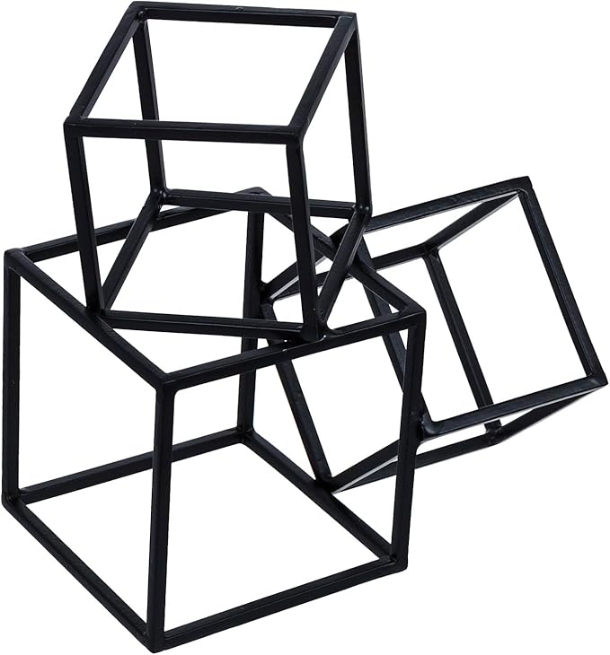 MyGift Modern Matte Black Metal Geometric Bookends in 3 Cube Frame Design, Decorative Book Stands for Home Library Bookshelf Office Desk, 1 Pair, Handcrafted in India
