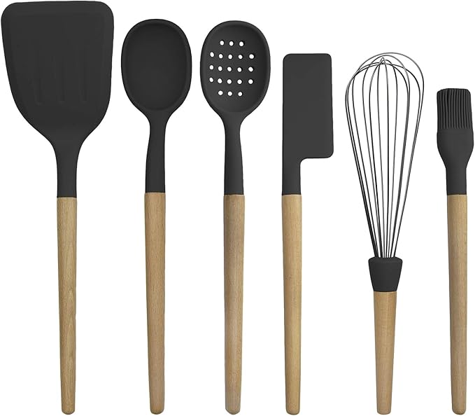 Country Kitchen Non Stick Silicone Utensil Set with Rounded Wood Handles for Cooking and Baking, 6 Piece Set, Black