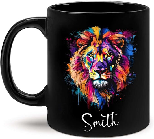 Personalized Lion Black Mug, Gift For Son Grandson, Custom Lion Coffee Cup With Name, Customized Colorful Animal Design Mug, Unique Animal Lover Cup 11oz 15oz