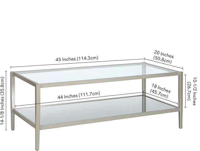 Henn&Hart 45" Wide Rectangular Coffee Table with Mirror Shelf in Satin Nickel, Coffee Table coffee tables for living room, studio apartment essentials