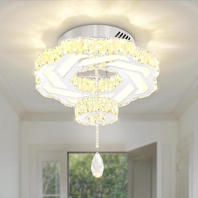 Flashing God 16 Inch Mini Chandelier Modern Crystal Chandeliers Light Semi Flush Mount Ceiling Light Fixture Small Silver Chandelier for Bedroom Hallway Kitchen Foyer