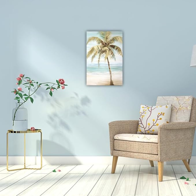 LURENCZH Tropical Beach Canvas Wall Art Seaside Palm Tree Picture Wall Decor Ocean Scenery Painting Prints for Bathroom Decor Framed(Beach-1,12.00" x 18.00")