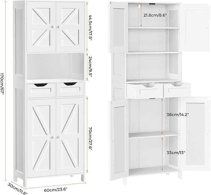ANWBROAD 67” Bathroom Storage Cabinet Tall Storage Cabinet with Adjustable Shelves and Drawers Freestanding for Bathroom Kitchen Pantry Living Room Cabinet USBC002W