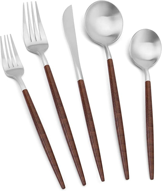 Matte Silver Silverware Set With Brown Handle, Vanys 20 Piece Stainless Steel Cutlery Flatware Set, Kitchen Utensil Sets for 4, Tableware With Knife Spoons And Forks Set, Satin Finished Polished