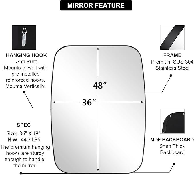 ANDY STAR Black Oblong Mirror, 36x48 Inch Black Oval Mirror for Bathroom with Stainless Steel Metal Frame, Wall Mouned for Bathroom, Living Room, Entryway