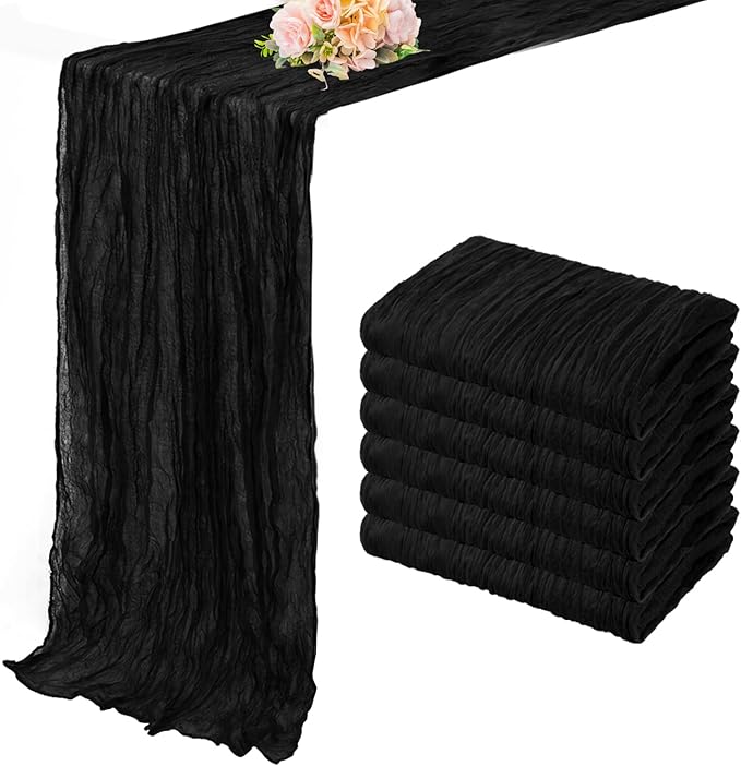 10FT 6 Pack Black Cheesecloth Table Runner 20 x 120 Inch Long Boho Fabric Rustic Cheese Cloth Table Runner for Wedding Bridal Shower Baby Shower Gauze Sheer Birthday Party Table Decorations