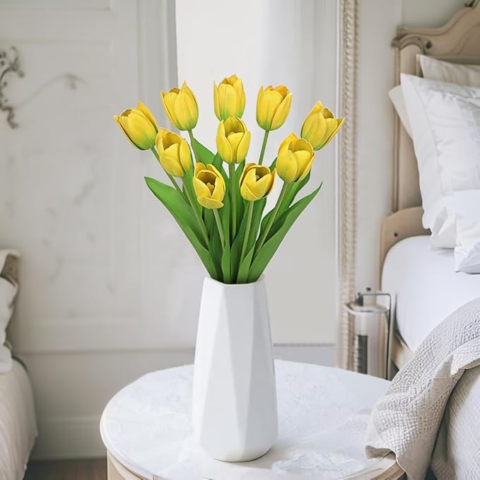 Artificial Tulips Flowers – 20" Long Stem Faux Tulips, 10PCS Real Touch Fake Yellow Tulip for Vase, Farmhouse, Kitchen, Spring & Wedding Home Decor