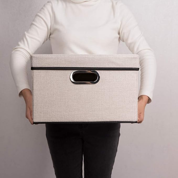 PRANDOM Foldable Storage Bin with Lid [5-Pack] Linen Fabric Decorative Storage Box Organizer Container Basket Cube with Handles Divider for Closet Office Living Room Light Grey(14.9x9.8x9.8)