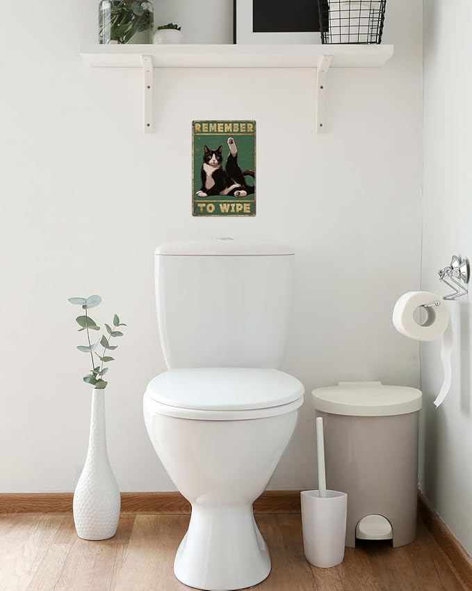 ALKB Bathroom Tuxedo Cat Sign - Remember to Wipe - Cat Lover Gift 8x12 Inch Vintage Metal Sign for Bathroom Decorations