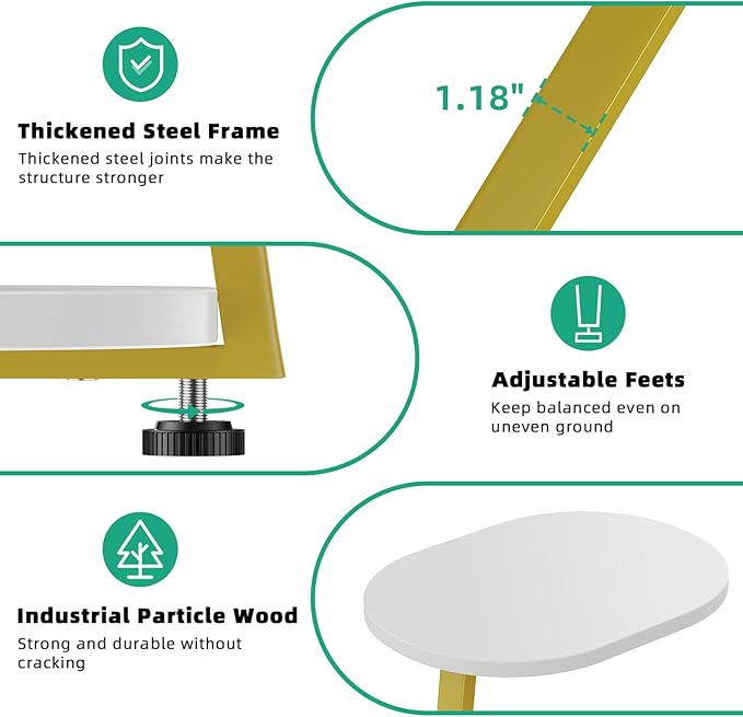 Side Table, Small End Table with Metal Frame, 3-Tier Bedside Tables, Round Side Tables for Living Room Bedroom Couch Bathroom, Oval, White