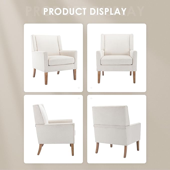COLAMY Modern Wingback Living Room Chair Set of 2, Upholstered Fabric Accent Armchair, Single Sofa Chair with Lounge Seat and Wood Legs for Bedroom/Office/Reading Spaces, Beige