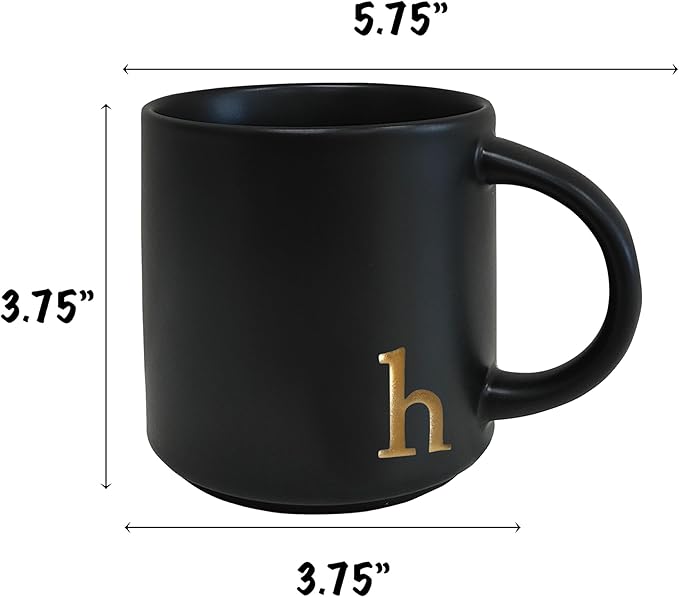 COLLECTIVE HOME - Black Monogram Ceramic Mugs, 15 oz Golden Initial Coffee Cups, Elegant Alphabet Tea Mugs, Personalized Halloween Mug with Gift Box, Perfect for Office and Home Décor (h)
