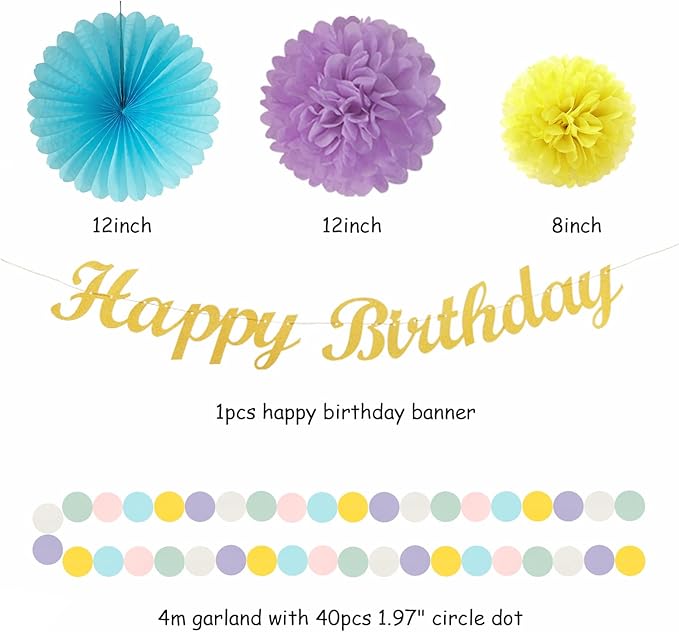 Pastel-Rainbow Colorful Birthday Party-Decorations Paper-Flowers - 14pcs Happy Banner Carnival Theme Lanterns Tissue Pom Poms,Macaron Streamers Garland Fans Honeycomb Hanging Supplies Decor Hugfond