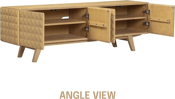 NTC Sapa Mid-Century Modern Solid Wood TV Stand 4-Door Media Console with Carved Geometric Fronts for TVs up to 75", Effortless Assembly, Sand