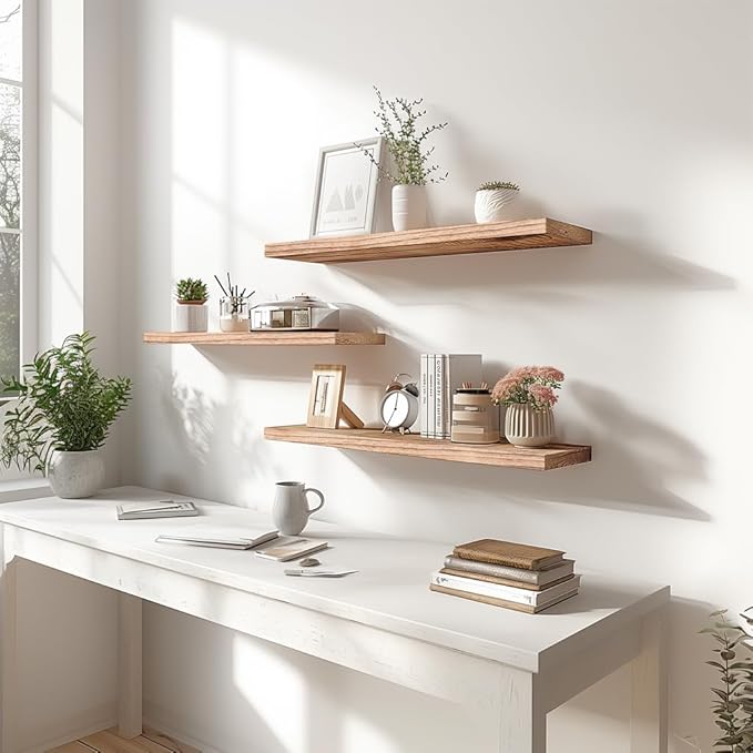 Light Wood Floating Shelves for Wall Rustic Wall Shelves for Bedroom Set of 6