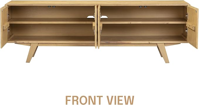 NTC Sapa Mid-Century Modern Solid Wood TV Stand 4-Door Media Console with Carved Geometric Fronts for TVs up to 75", Effortless Assembly, Sand