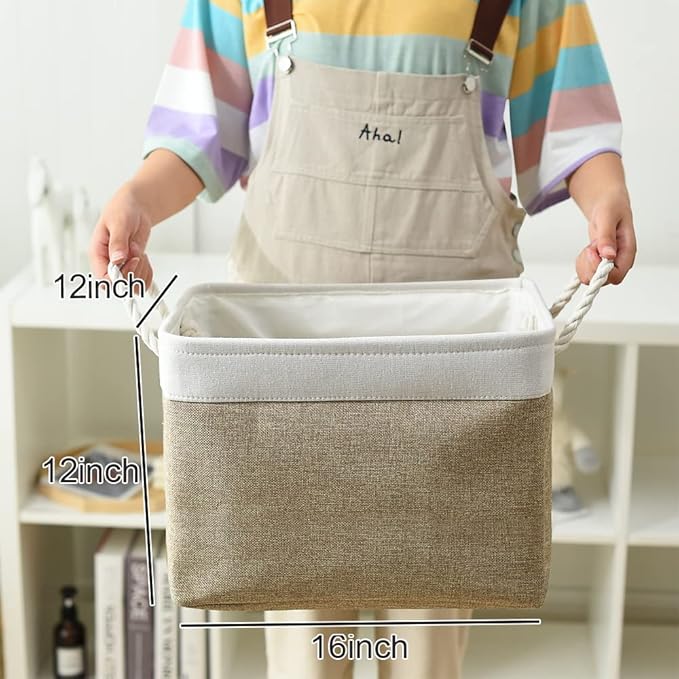 TcaFmac Organization and Storage Basket for Shelves - 16x12x12 inch Large 2 Pack Collapsible Storage Bins for Organization, Fabric Storage Cubes for Box Cloth Toy Books Kids (White & Khaki)