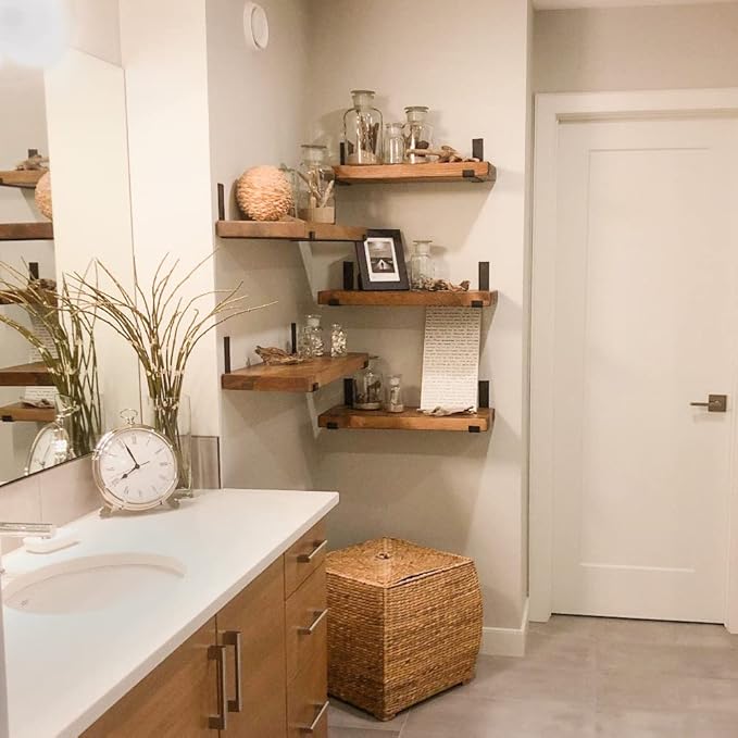 Rustic Shelves with J-Brackets Set of 2, Industrial Shelf, Kitchen Shelves, Solid Wood, Decorative Wall Storage, Heavy Duty, URBANDI (Brown, 12Wx6D)