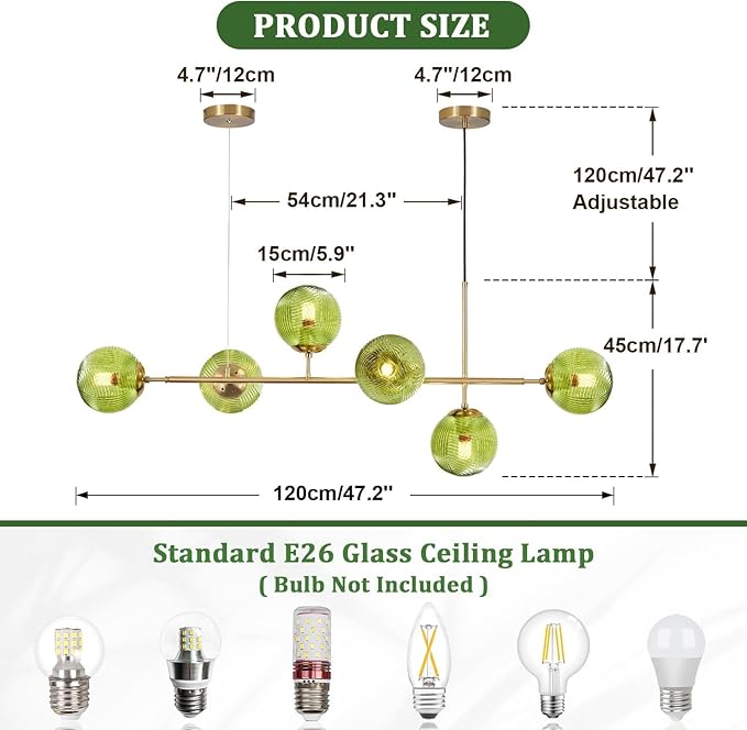 KCO Lighting 6 Green Glass Pendant Lights Kitchen Island Mid Century Modern Globe Sputnik Chandelier Brushed Gold Linear Island Light Fixture for Dining Room