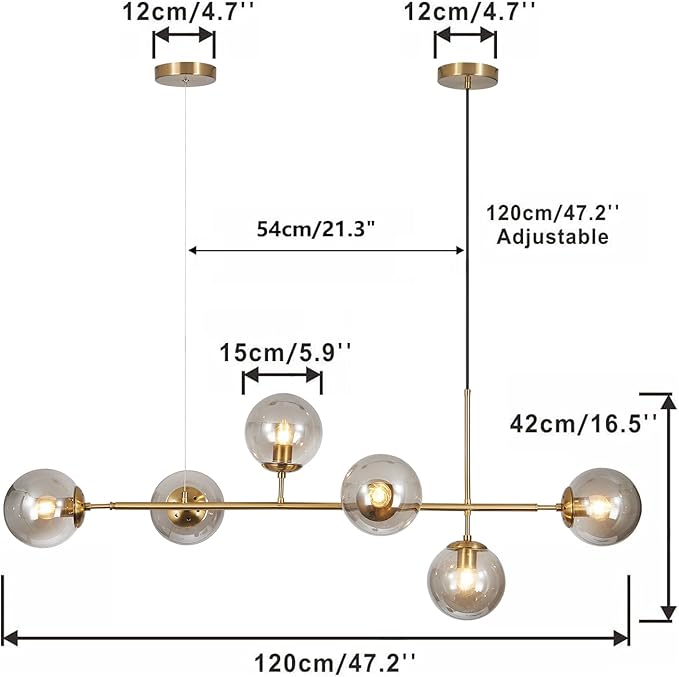 KCO Lighting 6-Light Modern Globe Sputnik Chandelier Brass Gold Linear Pendant Chandelier Lighting Smoke Glass Dining Room Chandelier Mid Century Sputnik Island Lights for Kitchen Living Room