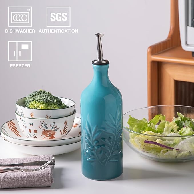 Sweejar Ceramic Olive Oil Dispenser Bottle, 20 Oz Relief Design EVOO Oil and Vinegar Dispensing Bottle with Spout for Kitchen, Set of 1 (Gradient Blue)