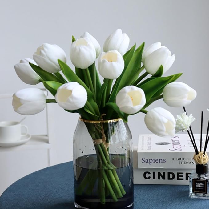 Buart White Flowers Artificial Luxury Big Tulip Valentine's Day Mother's Day Easter Home Kitchen Wedding Decorations(11pcs)
