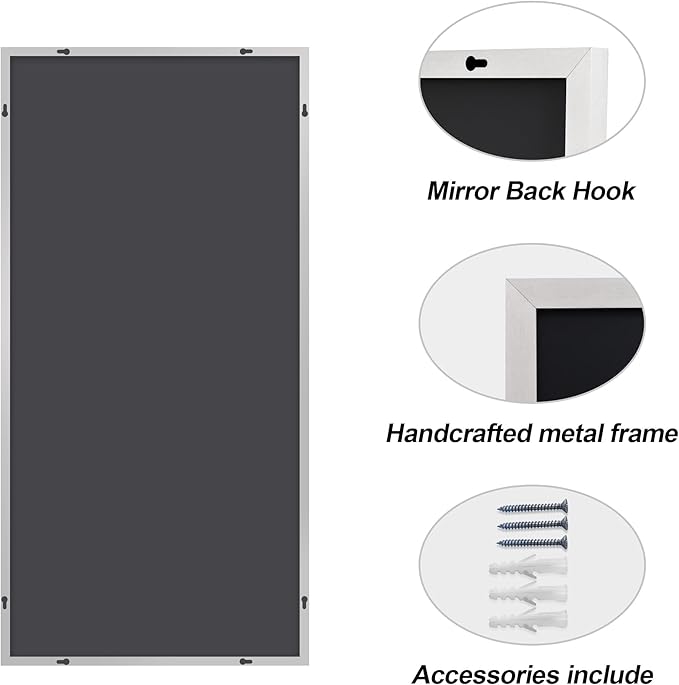 Silver Bathroom Mirror for Wall, 30x60 Inch Rectangle Mirrors with Metal Frame, Modern Vanity Large Wall Mirror for Bathroom Living Room, Entryway Hangs Horizontal or Vertical