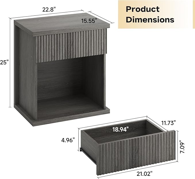 Fluted Nightstand, 22.8" Wide Nightstands with Drawer Storage Large Wood BedsideTable Night Stand for Bedroom, Grey Oak