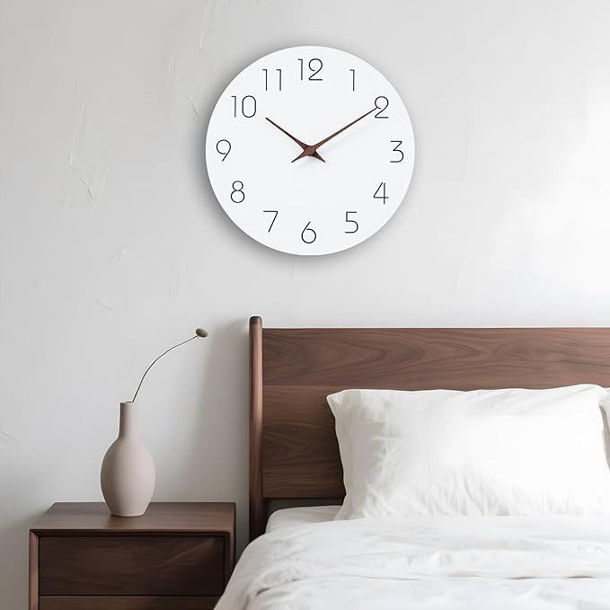 Mosewa Wall Clock Battery Operated 8 Inch White Silent Non Ticking Simple Minimalist Wooden Decorative for Kitchen Bathroom Bedroom Living Room Office