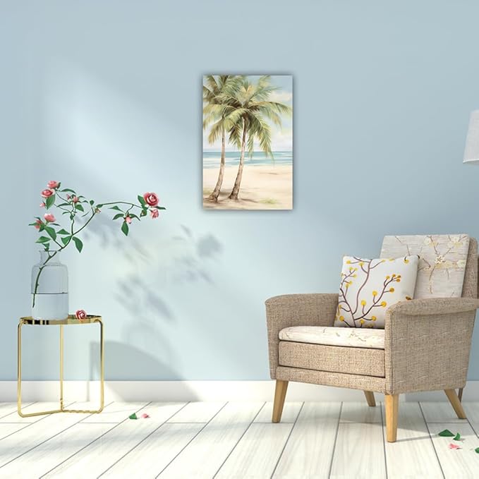 LURENCZH Tropical Beach Canvas Wall Art Seaside Palm Tree Picture Wall Decor Ocean Scenery Painting Prints for Bathroom Decor Framed(Beach-2,16.00" x 24.00")