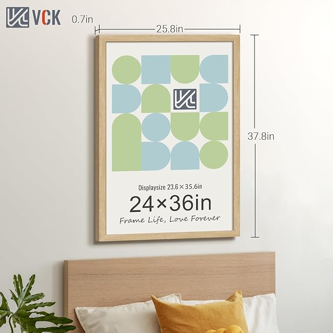 VCK 24x36 Oak Poster Frame 3 Pack, Natural Solid Wood Picture Frames, Wall Mounting Hanging