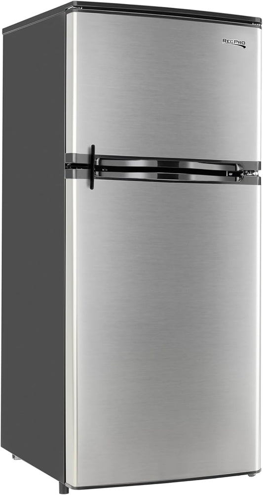 RecPro 4.4 Cu Ft RV Refrigerator | 12V Stainless Steel Fridge with Freezer | Frost-Free, Adjustable Shelves, Built-In Lock, Reversible Door | Off-Grid Ready Camper Fridge with Can Holder