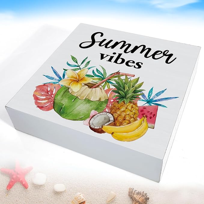 Oqtumes Summer Vibes Decorations Fruit Wooden Sign Rustic Home Decor 5 x 5 Inches