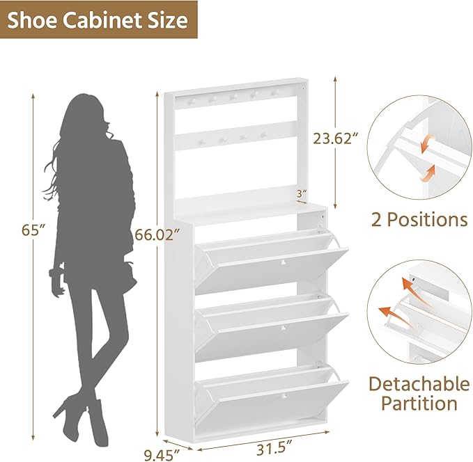 Shoe Cabinet Set of 2 with 3 Flip Drawers, Narrow Shoe Cabinet with 9 Hooks Coat Rack, Freestanding Shoes Storage Cabinets with Adjustable Shelves for Entryway, Hallway, Living Room, White
