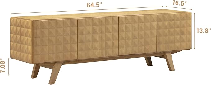 NTC Sapa Mid-Century Modern Solid Wood TV Stand 4-Door Media Console with Carved Geometric Fronts for TVs up to 75", Effortless Assembly, Sand